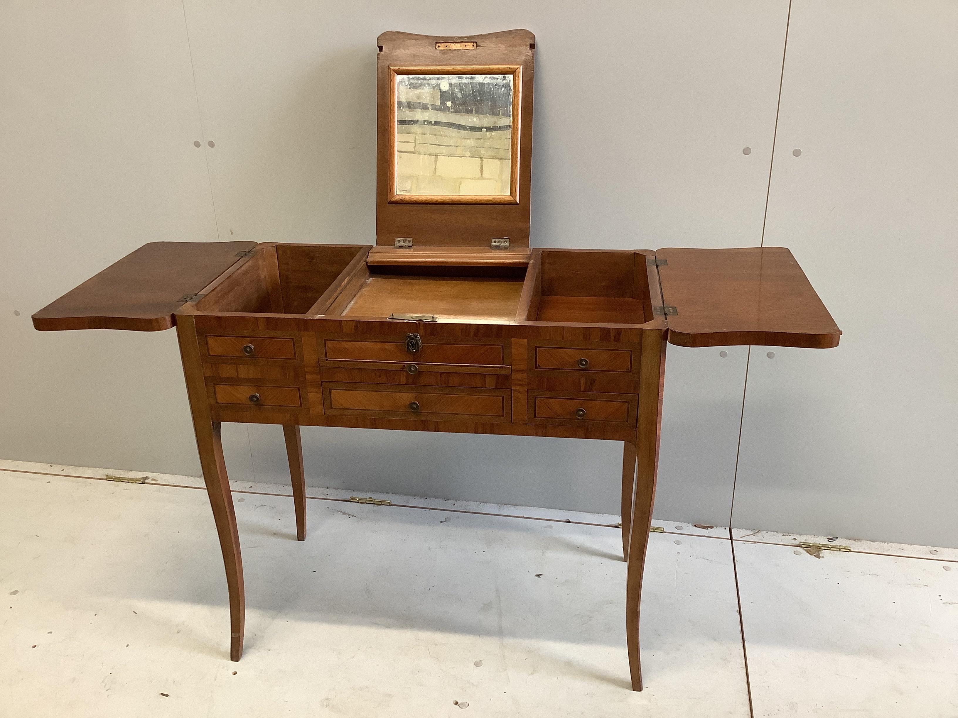 An early 20th century French banded kingwood poudreuse, width 80cm, depth 44cm, height 75cm